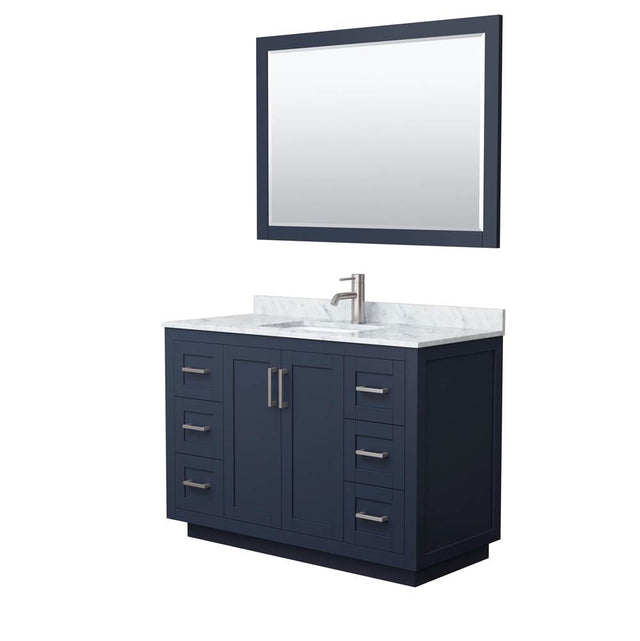 Wyndham Collection - Miranda 48 Inch Single Bathroom Vanity in Dark Blue, White Carrara Marble Countertop, Undermount Square Sink, Brushed Nickel Trim, 46 Inch Mirror