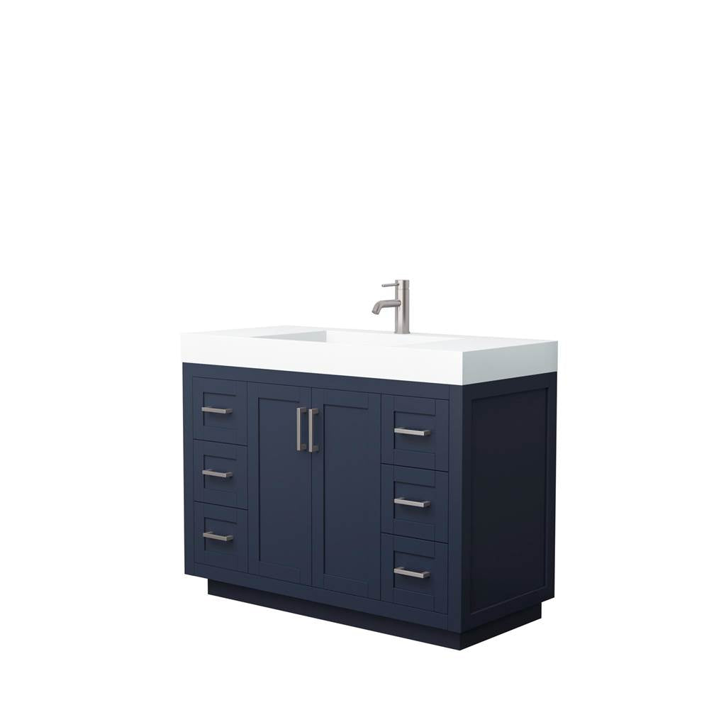Wyndham Collection - Miranda 48 Inch Single Bathroom Vanity in Dark Blue, 4 Inch Thick Matte White Solid Surface Countertop, Integrated Sink, Brushed Nickel Trim