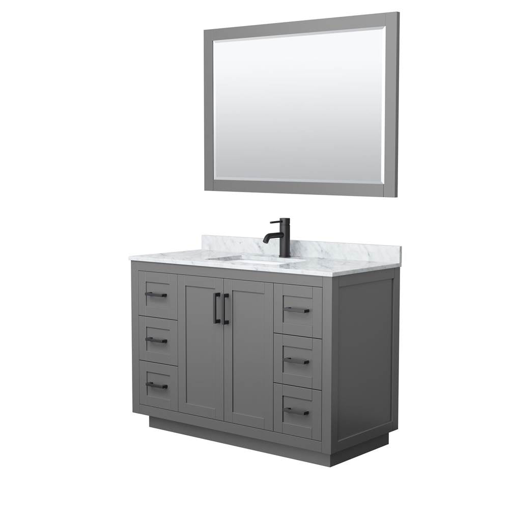 Wyndham Collection - Miranda 48 Inch Single Bathroom Vanity in Dark Gray, White Carrara Marble Countertop, Undermount Square Sink, Matte Black Trim, 46 Inch Mirror