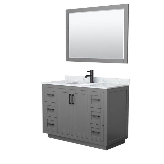 Wyndham Collection - Miranda 48 Inch Single Bathroom Vanity in Dark Gray, White Carrara Marble Countertop, Undermount Square Sink, Matte Black Trim, 46 Inch Mirror