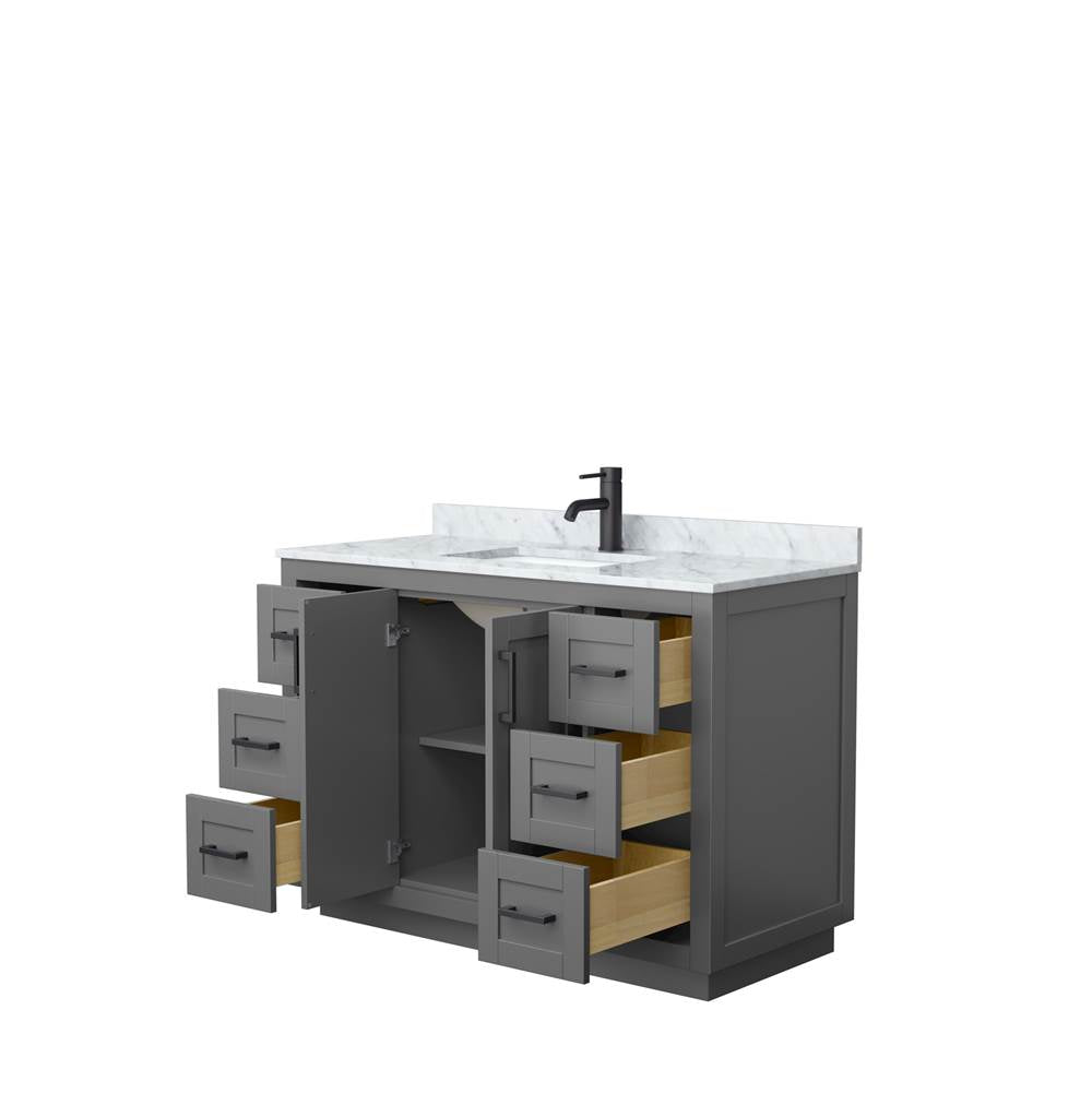 Miranda 48 Inch Single Bathroom Vanity in Dark Gray, White Carrara Marble Countertop, Undermount Square Sink, Matte Black Trim