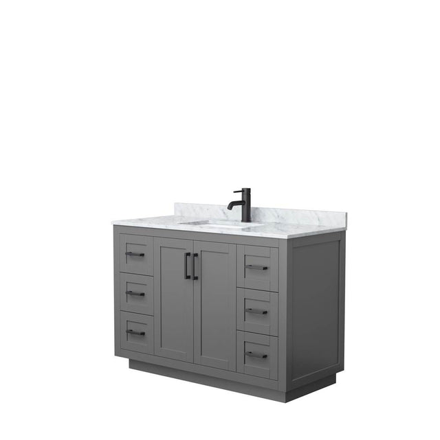Wyndham Collection - Miranda 48 Inch Single Bathroom Vanity in Dark Gray, White Carrara Marble Countertop, Undermount Square Sink, Matte Black Trim