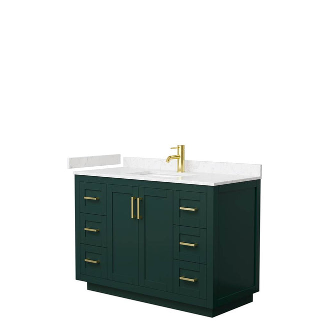 Wyndham Collection - Miranda 48 Inch Single Bathroom Vanity in Green, Carrara Cultured Marble Countertop, Undermount Square Sink, Brushed Gold Trim