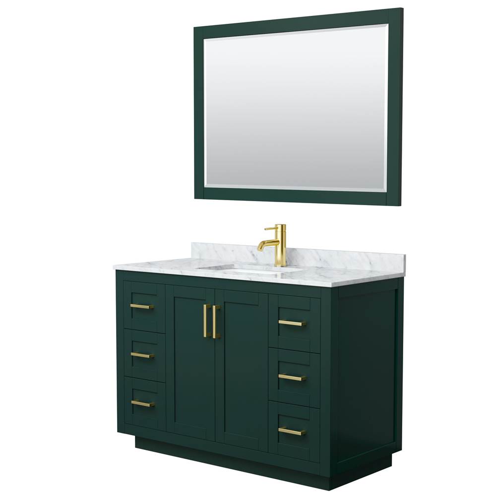 Wyndham Collection - Miranda 48 Inch Single Bathroom Vanity in Green, White Carrara Marble Countertop, Undermount Square Sink, Brushed Gold Trim, 46 Inch Mirror