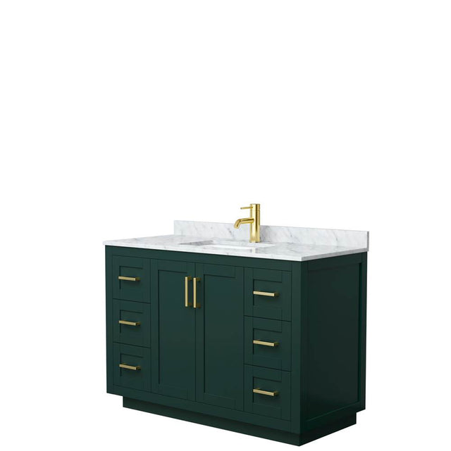 Wyndham Collection - Miranda 48 Inch Single Bathroom Vanity in Green, White Carrara Marble Countertop, Undermount Square Sink, Brushed Gold Trim