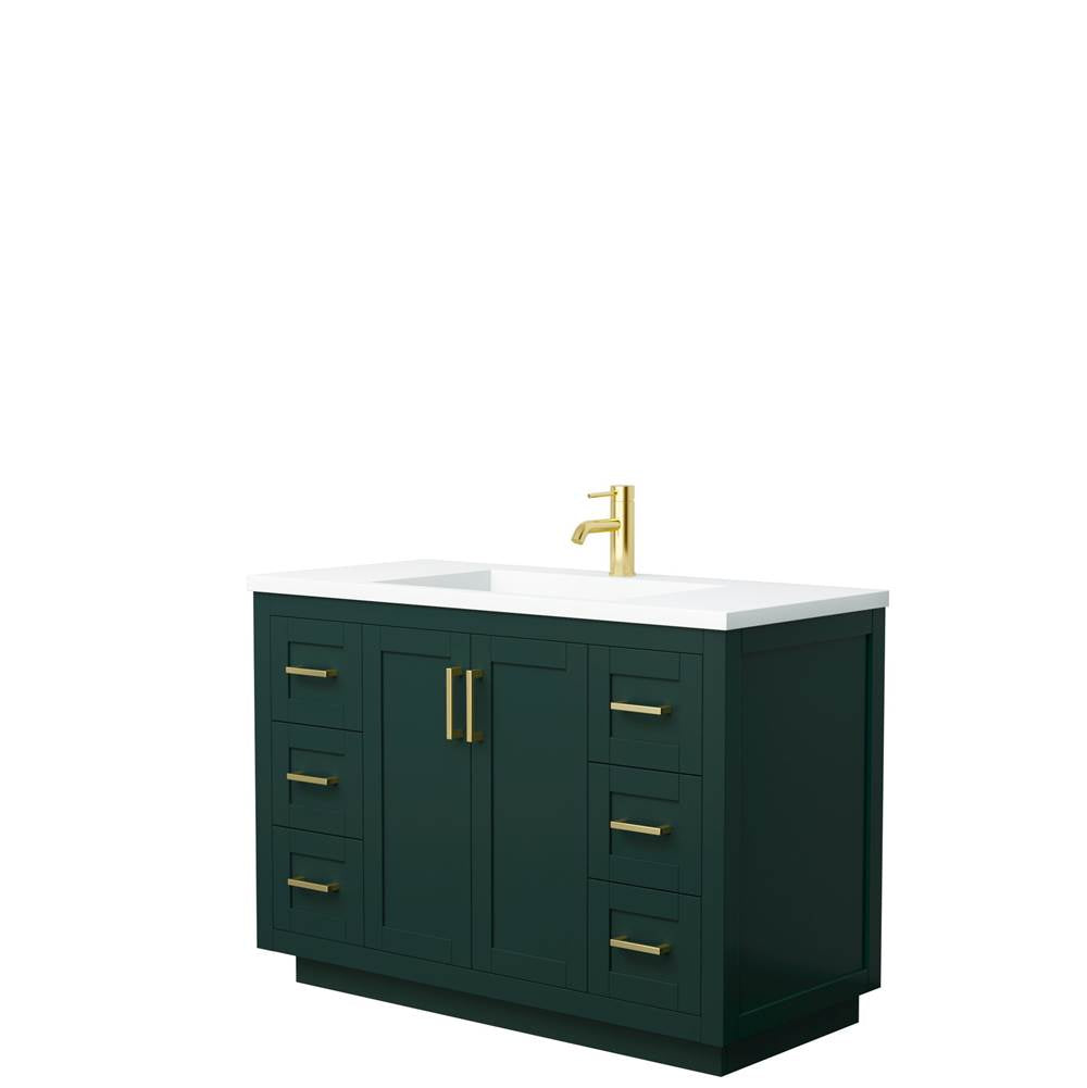 Wyndham Collection - Miranda 48 Inch Single Bathroom Vanity in Green, 1.25 Inch Thick Matte White Solid Surface Countertop, Integrated Sink, Brushed Gold Trim