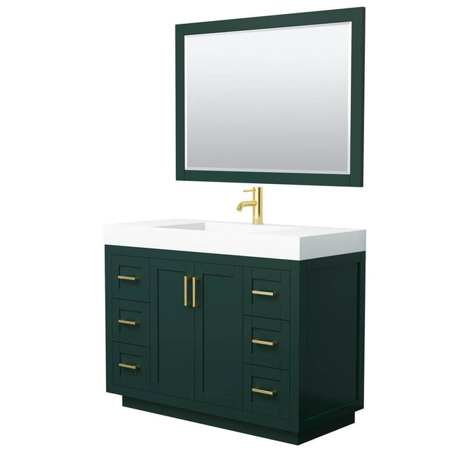 Wyndham Collection - Miranda 48 Inch Single Bathroom Vanity in Green, 4 Inch Thick Matte White Solid Surface Countertop, Integrated Sink, Brushed Gold Trim, 46 Inch Mirror