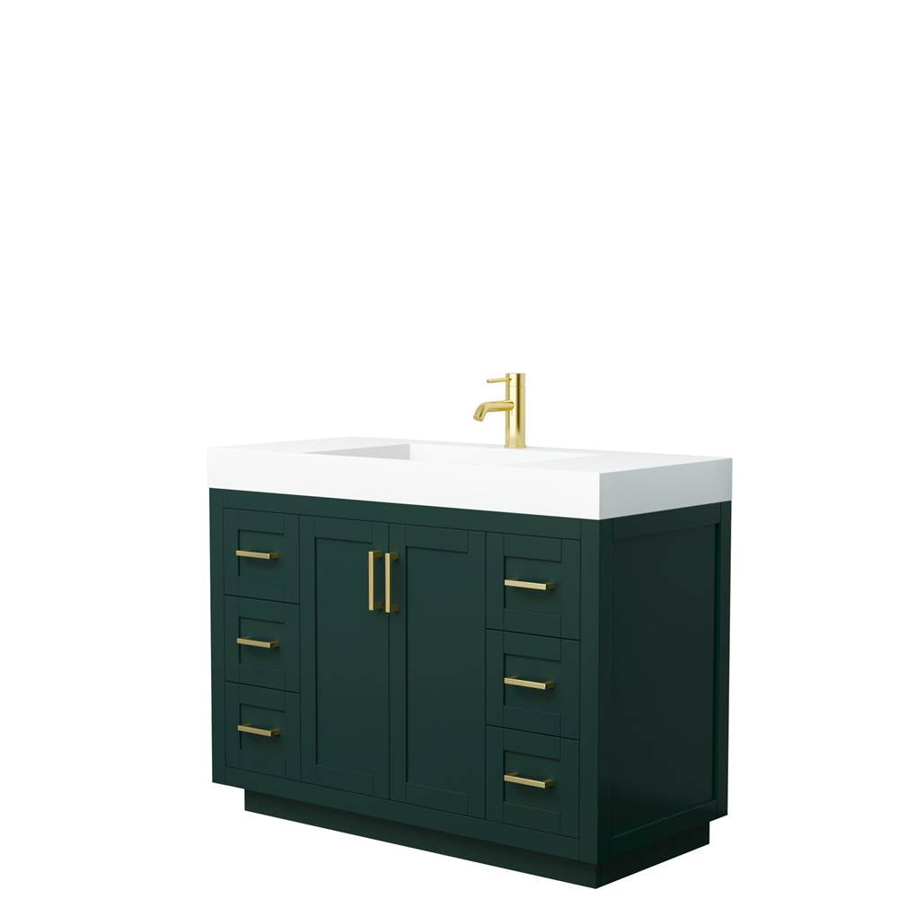 Wyndham Collection - Miranda 48 Inch Single Bathroom Vanity in Green, 4 Inch Thick Matte White Solid Surface Countertop, Integrated Sink, Brushed Gold Trim