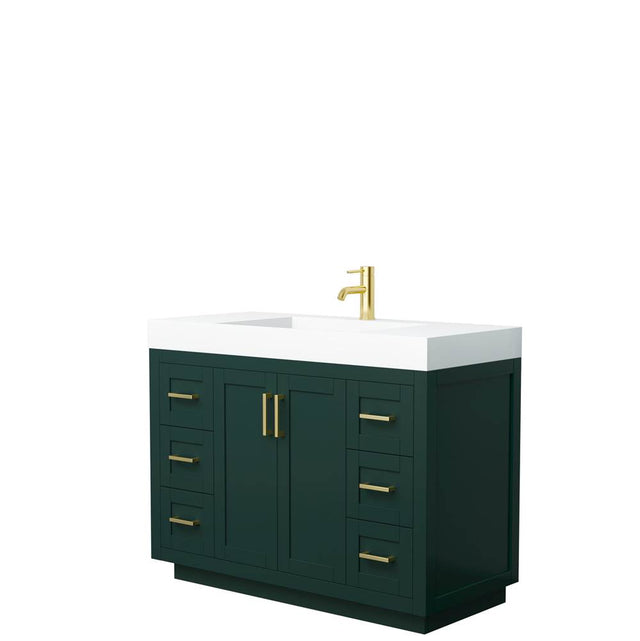 Wyndham Collection - Miranda 48 Inch Single Bathroom Vanity in Green, 4 Inch Thick Matte White Solid Surface Countertop, Integrated Sink, Brushed Gold Trim