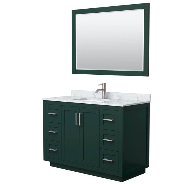 Wyndham Collection - Miranda 48 Inch Single Bathroom Vanity in Green, White Carrara Marble Countertop, Undermount Square Sink, Brushed Nickel Trim, 46 Inch Mirror