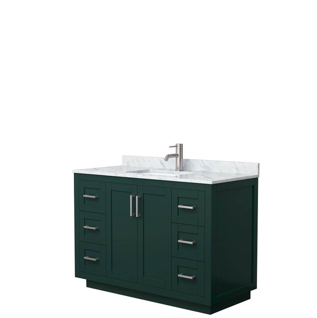 Wyndham Collection - Miranda 48 Inch Single Bathroom Vanity in Green, White Carrara Marble Countertop, Undermount Square Sink, Brushed Nickel Trim