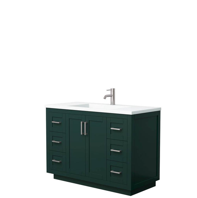 Wyndham Collection - Miranda 48 Inch Single Bathroom Vanity in Green, 1.25 Inch Thick Matte White Solid Surface Countertop, Integrated Sink, Brushed Nickel Trim