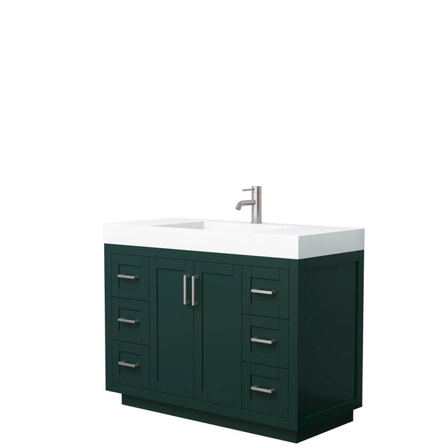 Wyndham Collection - Miranda 48 Inch Single Bathroom Vanity in Green, 4 Inch Thick Matte White Solid Surface Countertop, Integrated Sink, Brushed Nickel Trim