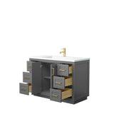 Miranda 48 Inch Single Bathroom Vanity in Dark Gray, 1.25 Inch Thick Matte White Solid Surface Countertop, Integrated Sink, Brushed Gold Trim