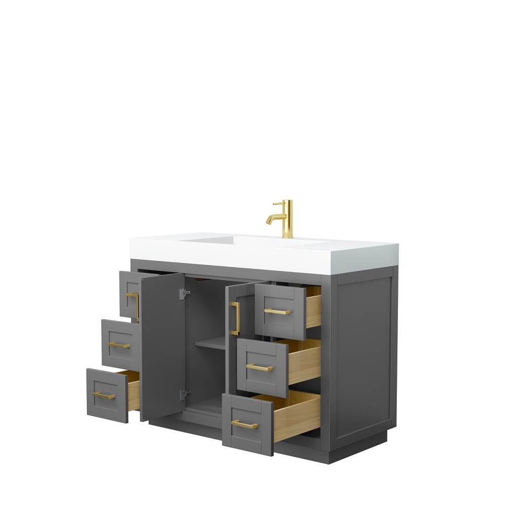 Miranda 48 Inch Single Bathroom Vanity in Dark Gray, 4 Inch Thick Matte White Solid Surface Countertop, Integrated Sink, Brushed Gold Trim