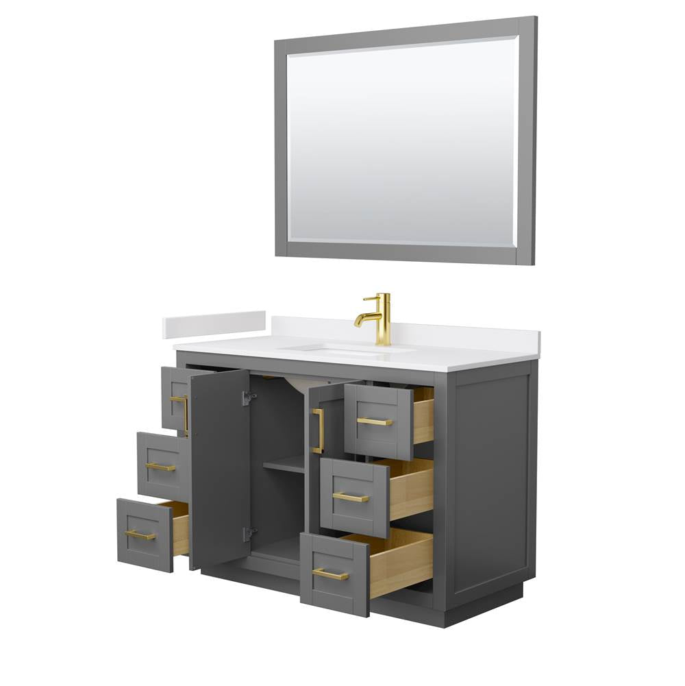 Miranda 48 Inch Single Bathroom Vanity in Dark Gray, White Cultured Marble Countertop, Undermount Square Sink, Brushed Gold Trim, 46 Inch Mirror