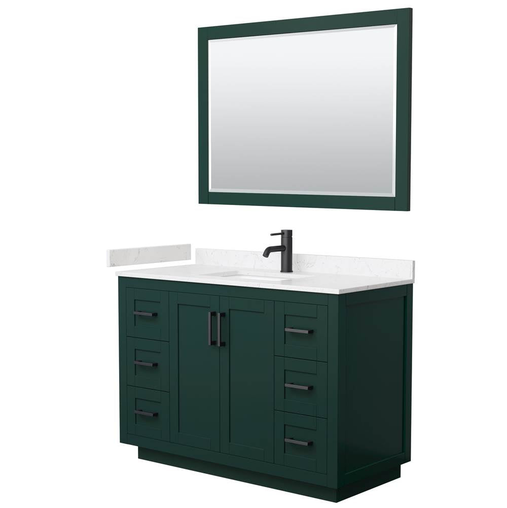 Wyndham Collection - Miranda 48 Inch Single Bathroom Vanity in Green, Carrara Cultured Marble Countertop, Undermount Square Sink, Matte Black Trim, 46 Inch Mirror