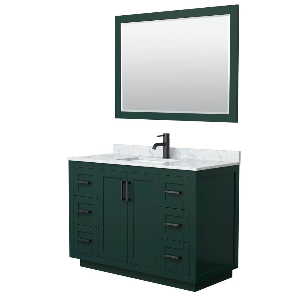 Wyndham Collection - Miranda 48 Inch Single Bathroom Vanity in Green, White Carrara Marble Countertop, Undermount Square Sink, Matte Black Trim, 46 Inch Mirror