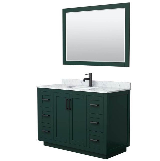 Wyndham Collection - Miranda 48 Inch Single Bathroom Vanity in Green, White Carrara Marble Countertop, Undermount Square Sink, Matte Black Trim, 46 Inch Mirror