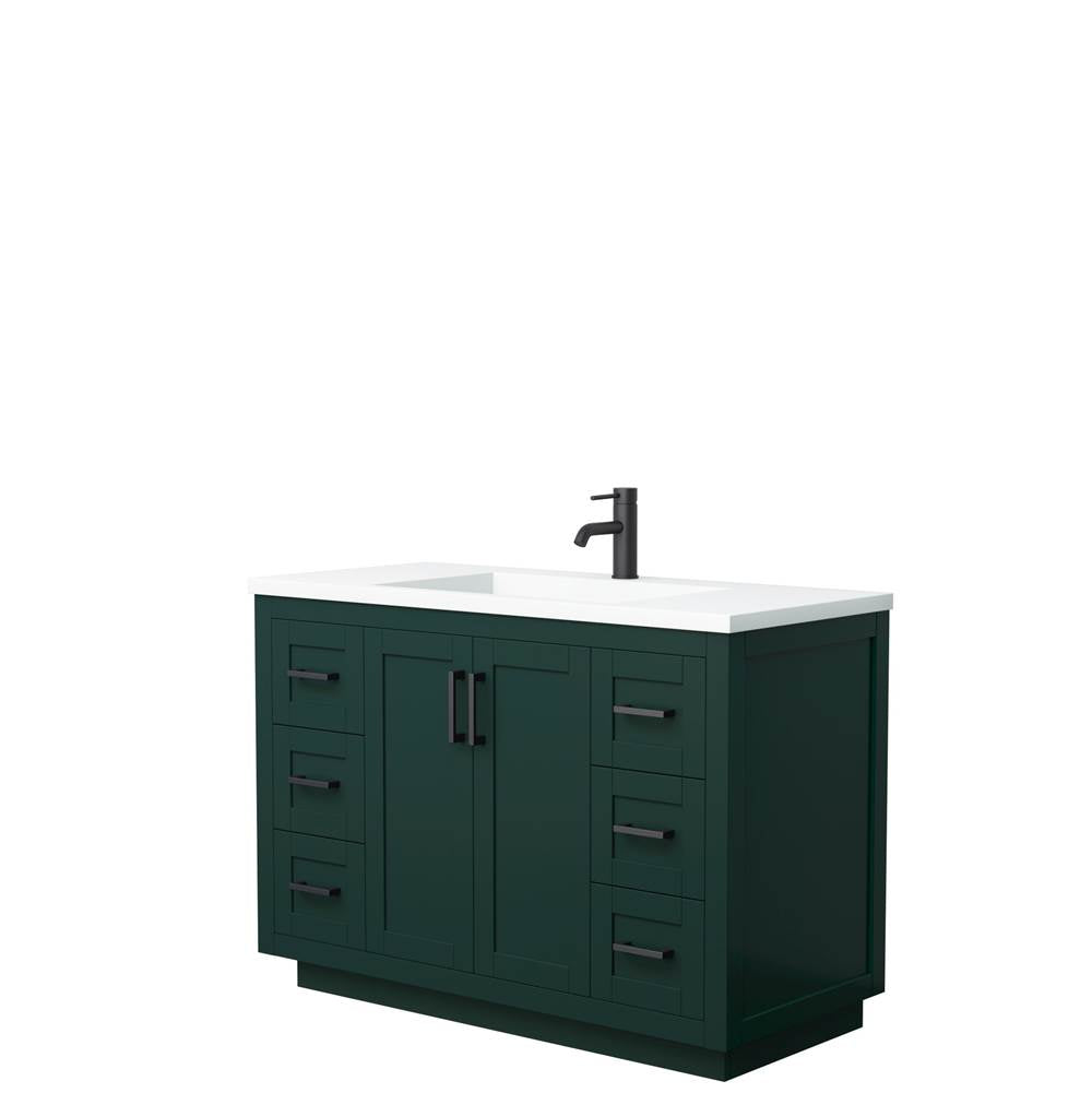 Wyndham Collection - Miranda 48 Inch Single Bathroom Vanity in Green, 1.25 Inch Thick Matte White Solid Surface Countertop, Integrated Sink, Matte Black Trim