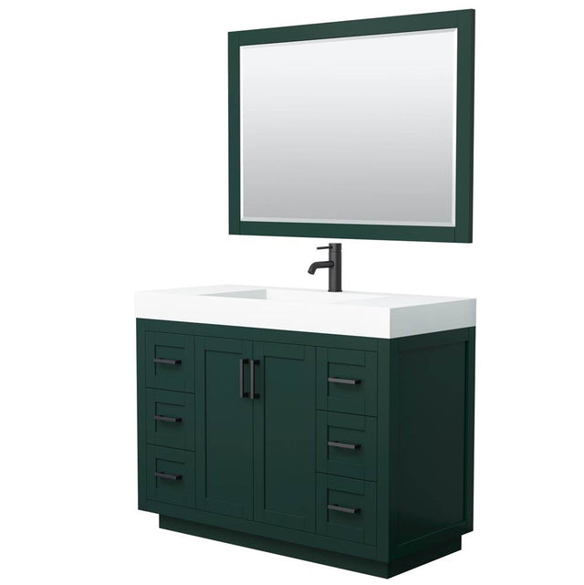 Wyndham Collection - Miranda 48 Inch Single Bathroom Vanity in Green, 4 Inch Thick Matte White Solid Surface Countertop, Integrated Sink, Matte Black Trim, 46 Inch Mirror