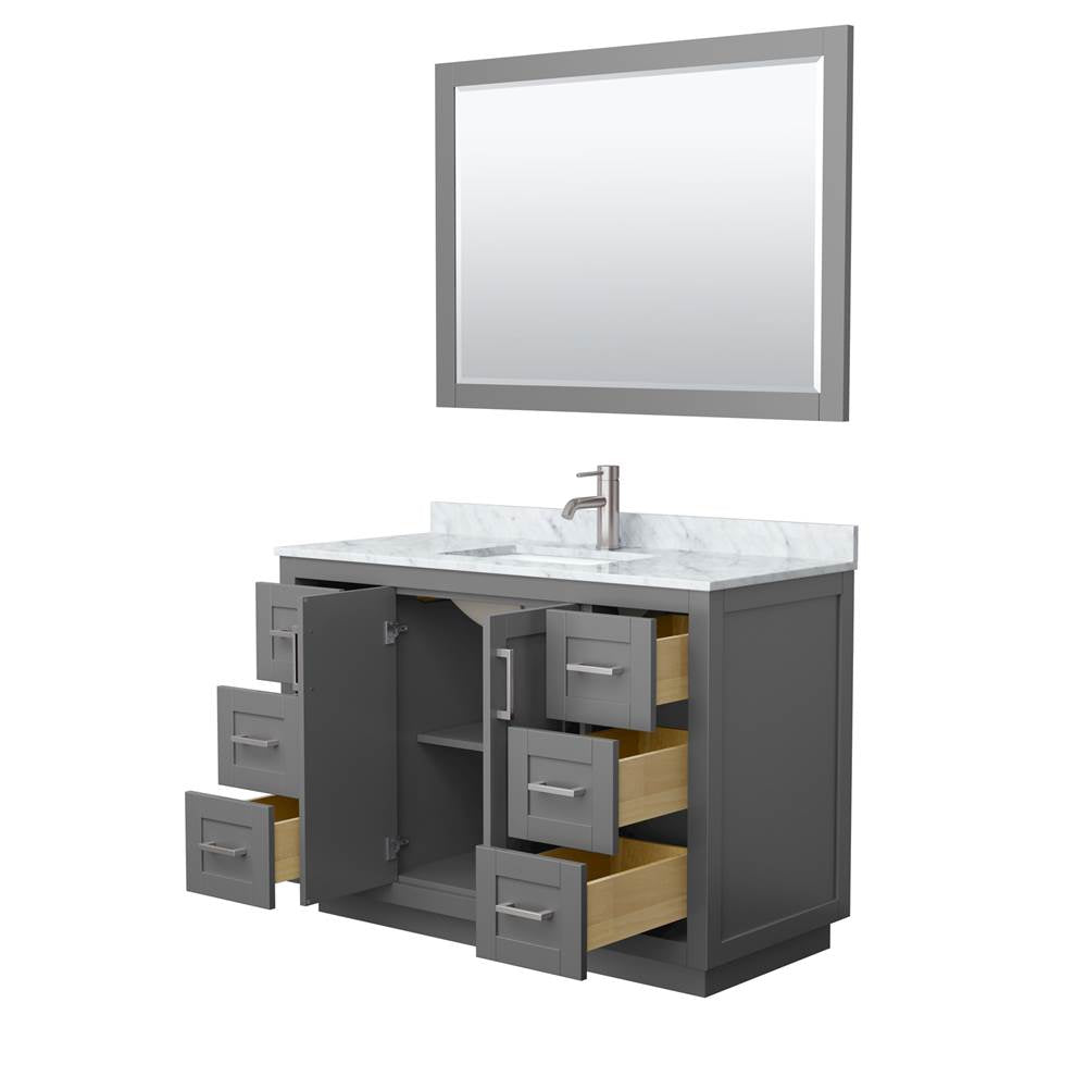 Miranda 48 Inch Single Bathroom Vanity in Dark Gray, White Carrara Marble Countertop, Undermount Square Sink, Brushed Nickel Trim, 46 Inch Mirror