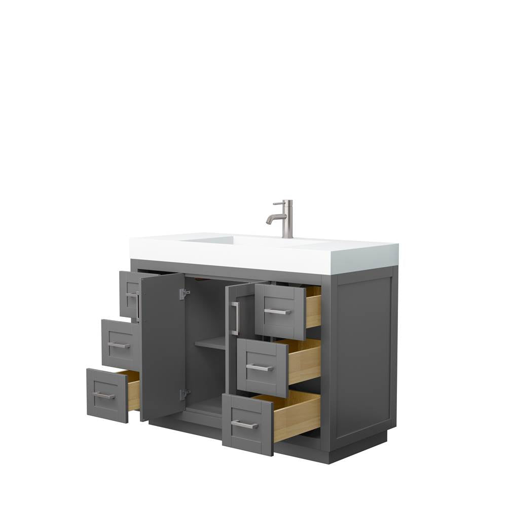 Miranda 48 Inch Single Bathroom Vanity in Dark Gray, 4 Inch Thick Matte White Solid Surface Countertop, Integrated Sink, Brushed Nickel Trim