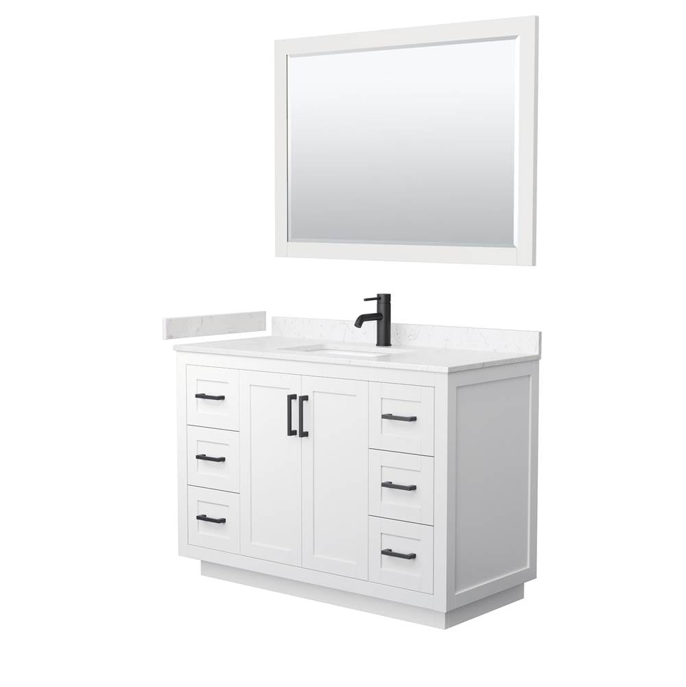 Wyndham Collection - Miranda 48 Inch Single Bathroom Vanity in White, Carrara Cultured Marble Countertop, Undermount Square Sink, Matte Black Trim, 46 Inch Mirror