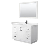 Wyndham Collection - Miranda 48 Inch Single Bathroom Vanity in White, Carrara Cultured Marble Countertop, Undermount Square Sink, Matte Black Trim, 46 Inch Mirror