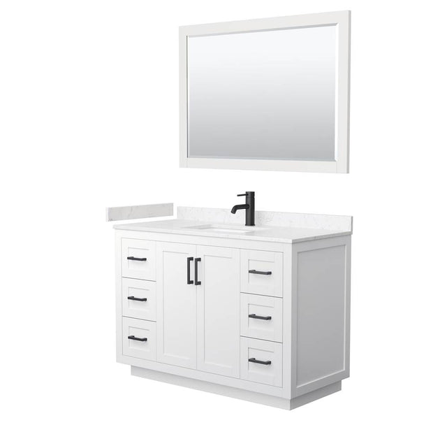 Wyndham Collection - Miranda 48 Inch Single Bathroom Vanity in White, Carrara Cultured Marble Countertop, Undermount Square Sink, Matte Black Trim, 46 Inch Mirror