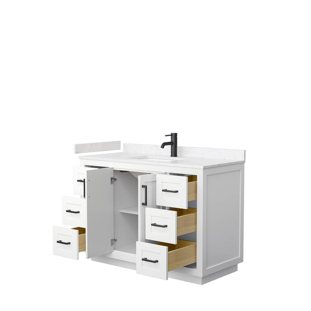 Miranda 48 Inch Single Bathroom Vanity in White, Carrara Cultured Marble Countertop, Undermount Square Sink, Matte Black Trim