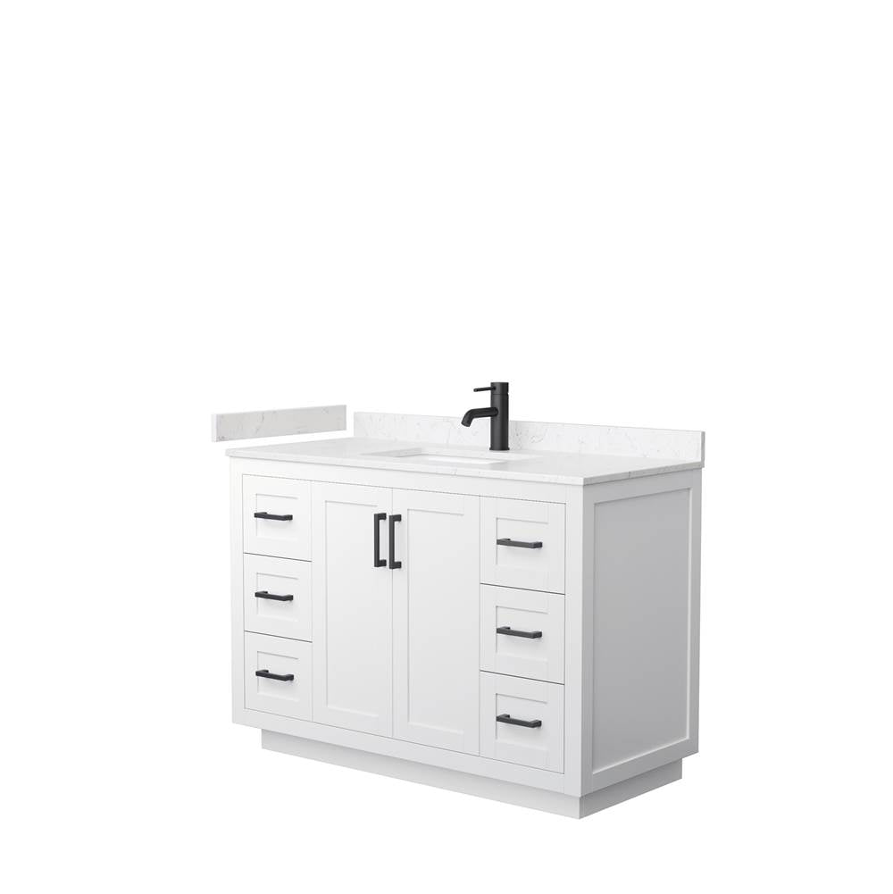 Wyndham Collection - Miranda 48 Inch Single Bathroom Vanity in White, Carrara Cultured Marble Countertop, Undermount Square Sink, Matte Black Trim