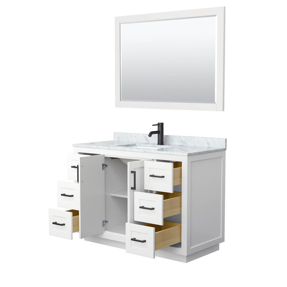 Miranda 48 Inch Single Bathroom Vanity in White, White Carrara Marble Countertop, Undermount Square Sink, Matte Black Trim, 46 Inch Mirror