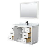 Miranda 48 Inch Single Bathroom Vanity in White, White Carrara Marble Countertop, Undermount Square Sink, Matte Black Trim, 46 Inch Mirror