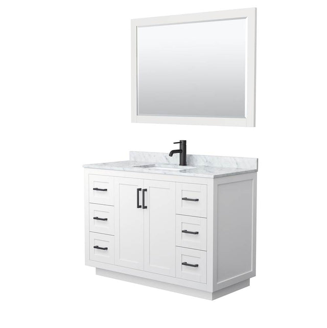 Wyndham Collection - Miranda 48 Inch Single Bathroom Vanity in White, White Carrara Marble Countertop, Undermount Square Sink, Matte Black Trim, 46 Inch Mirror