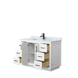 Miranda 48 Inch Single Bathroom Vanity in White, White Carrara Marble Countertop, Undermount Square Sink, Matte Black Trim