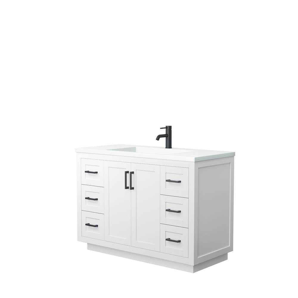 Wyndham Collection - Miranda 48 Inch Single Bathroom Vanity in White, 1.25 Inch Thick Matte White Solid Surface Countertop, Integrated Sink, Matte Black Trim