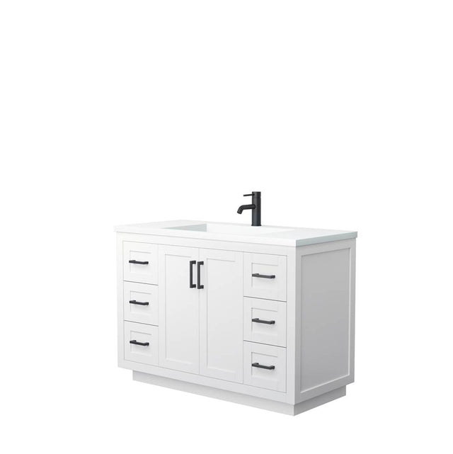 Wyndham Collection - Miranda 48 Inch Single Bathroom Vanity in White, 1.25 Inch Thick Matte White Solid Surface Countertop, Integrated Sink, Matte Black Trim