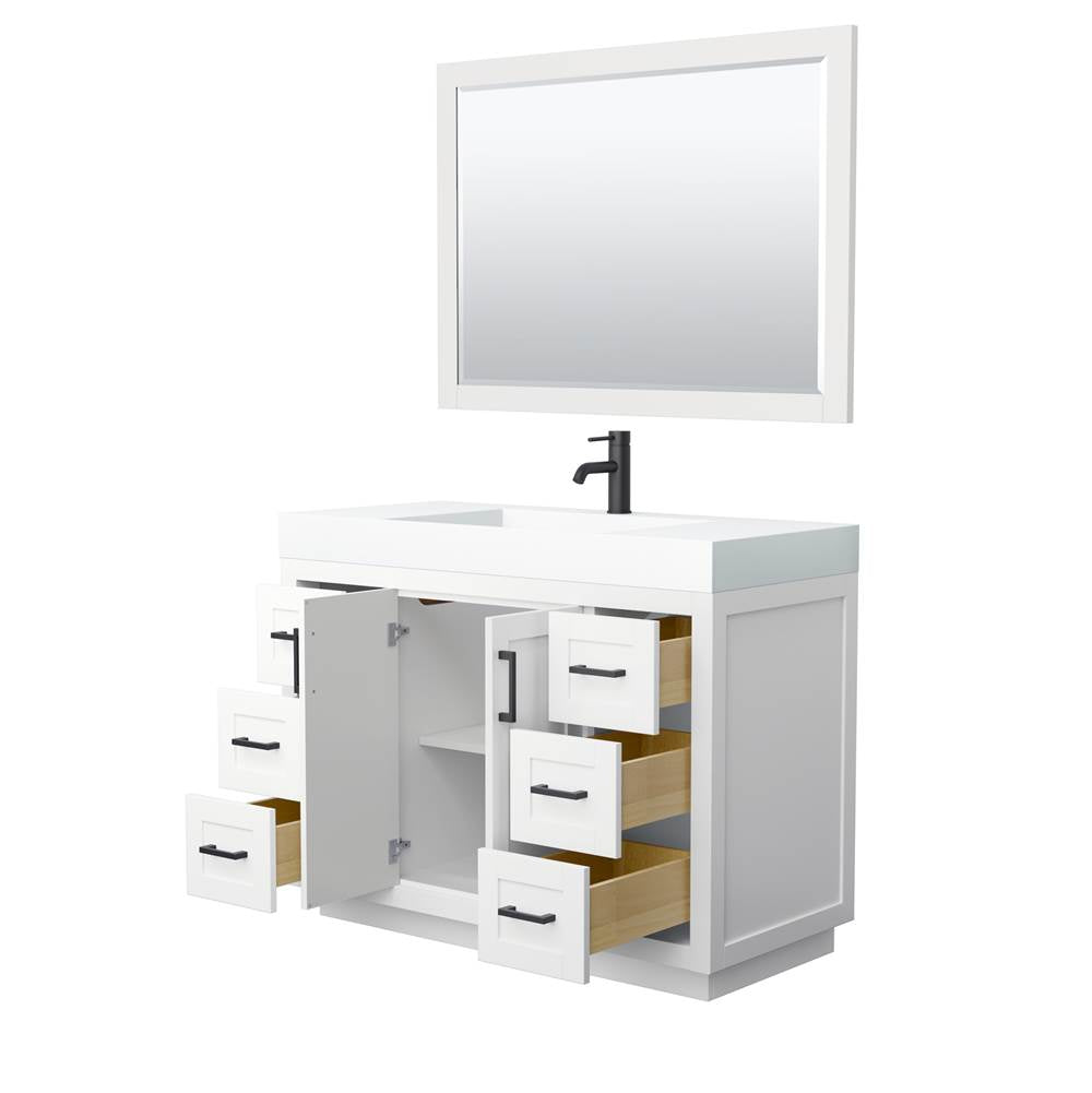 Miranda 48 Inch Single Bathroom Vanity in White, 4 Inch Thick Matte White Solid Surface Countertop, Integrated Sink, Matte Black Trim, 46 Inch Mirror