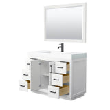 Miranda 48 Inch Single Bathroom Vanity in White, 4 Inch Thick Matte White Solid Surface Countertop, Integrated Sink, Matte Black Trim, 46 Inch Mirror