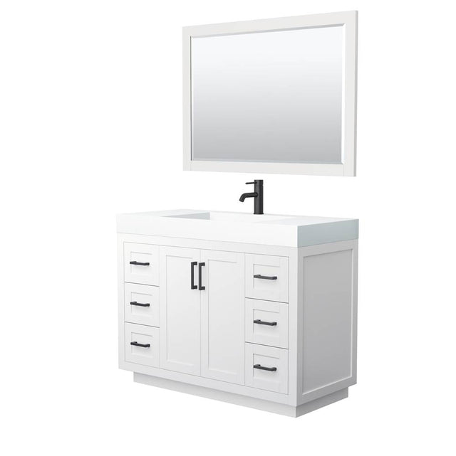 Wyndham Collection - Miranda 48 Inch Single Bathroom Vanity in White, 4 Inch Thick Matte White Solid Surface Countertop, Integrated Sink, Matte Black Trim, 46 Inch Mirror