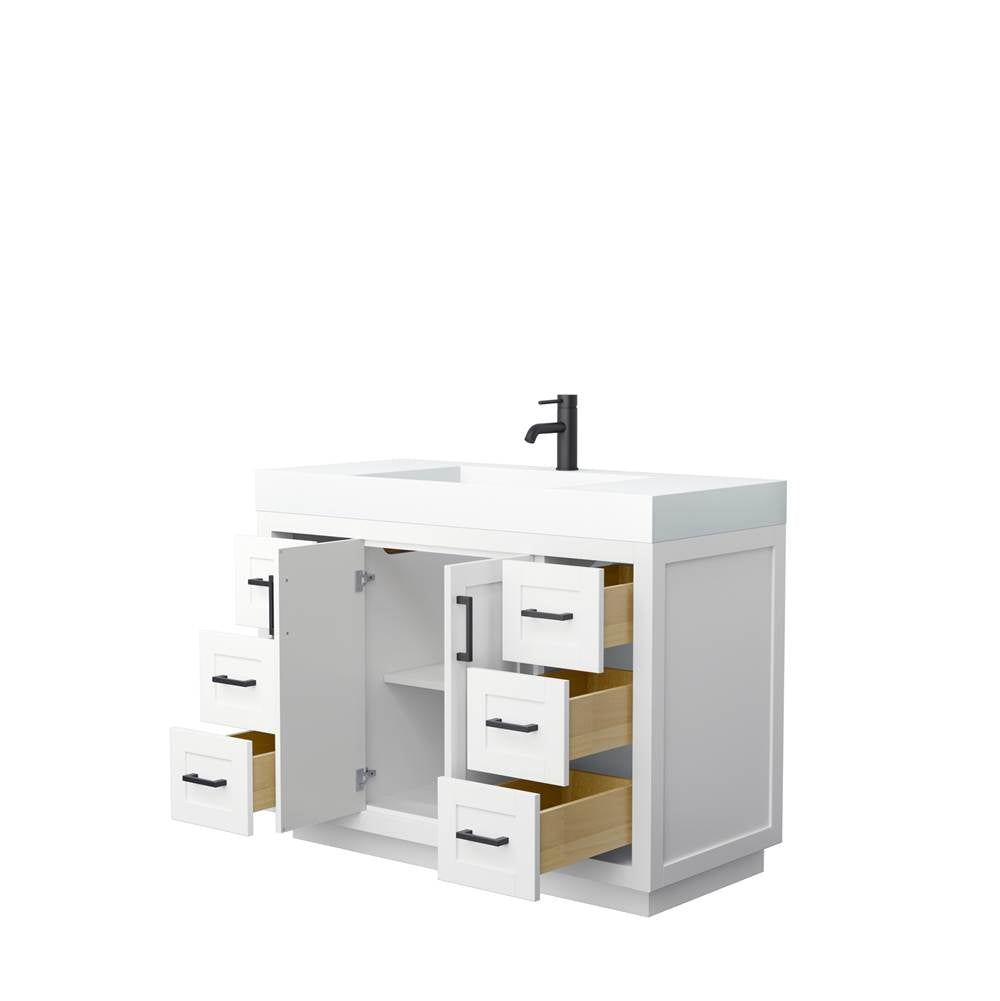 Miranda 48 Inch Single Bathroom Vanity in White, 4 Inch Thick Matte White Solid Surface Countertop, Integrated Sink, Matte Black Trim
