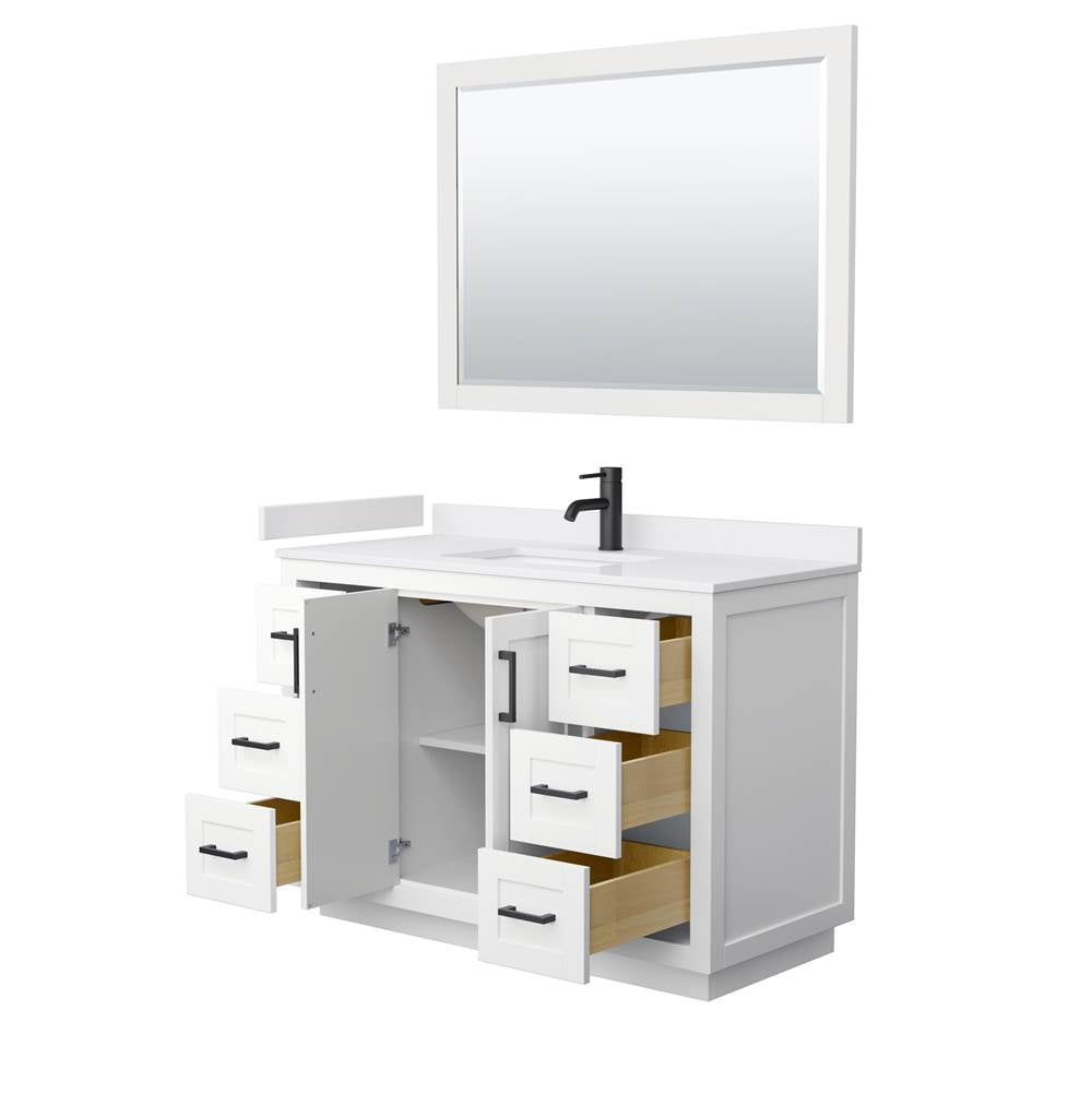 Miranda 48 Inch Single Bathroom Vanity in White, White Cultured Marble Countertop, Undermount Square Sink, Matte Black Trim, 46 Inch Mirror