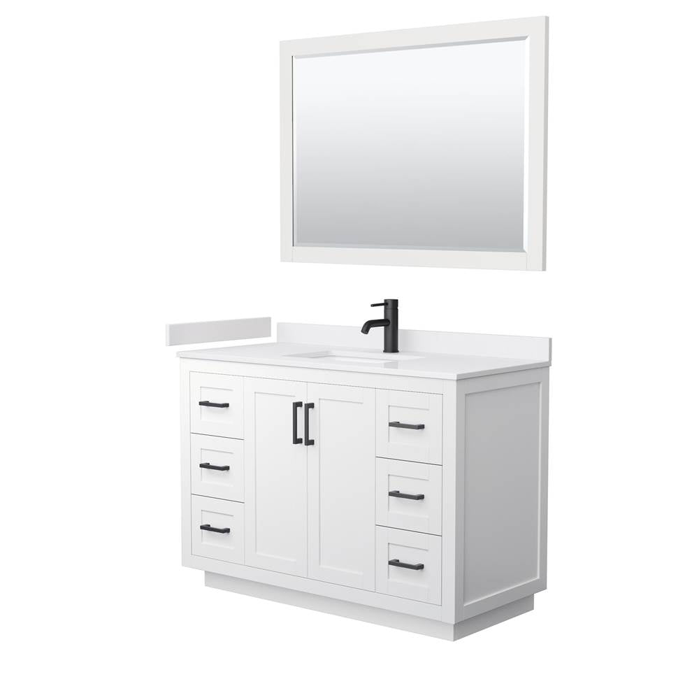 Wyndham Collection - Miranda 48 Inch Single Bathroom Vanity in White, White Cultured Marble Countertop, Undermount Square Sink, Matte Black Trim, 46 Inch Mirror