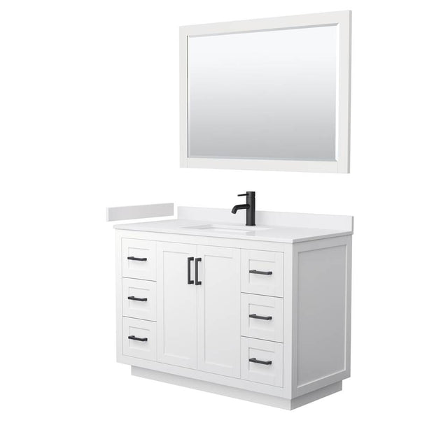 Wyndham Collection - Miranda 48 Inch Single Bathroom Vanity in White, White Cultured Marble Countertop, Undermount Square Sink, Matte Black Trim, 46 Inch Mirror