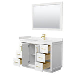 Miranda 48 Inch Single Bathroom Vanity in White, Carrara Cultured Marble Countertop, Undermount Square Sink, Brushed Gold Trim, 46 Inch Mirror
