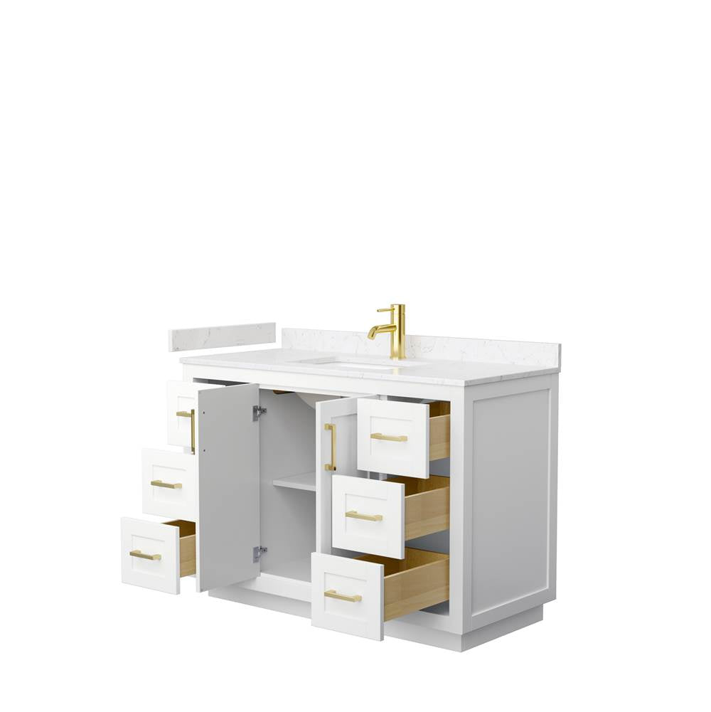 Miranda 48 Inch Single Bathroom Vanity in White, Carrara Cultured Marble Countertop, Undermount Square Sink, Brushed Gold Trim