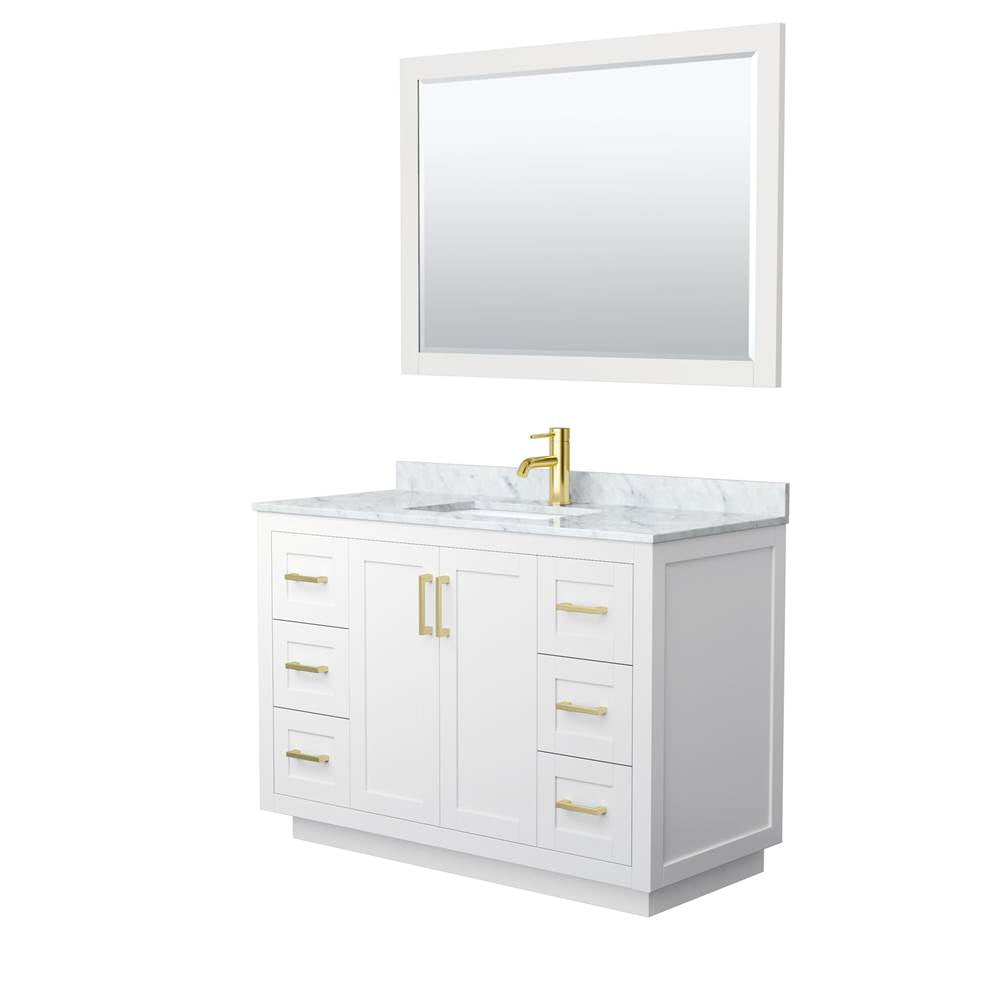Wyndham Collection - Miranda 48 Inch Single Bathroom Vanity in White, White Carrara Marble Countertop, Undermount Square Sink, Brushed Gold Trim, 46 Inch Mirror