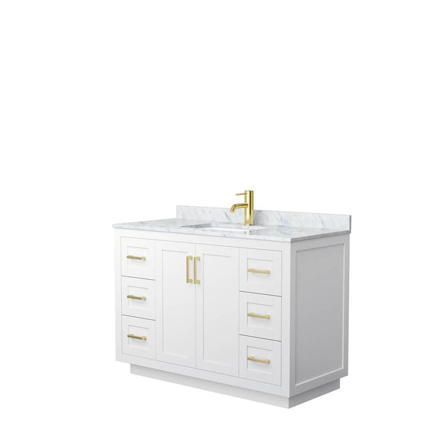 Wyndham Collection - Miranda 48 Inch Single Bathroom Vanity in White, White Carrara Marble Countertop, Undermount Square Sink, Brushed Gold Trim