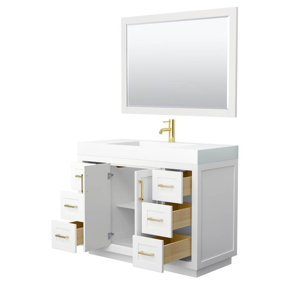 Miranda 48 Inch Single Bathroom Vanity in White, 4 Inch Thick Matte White Solid Surface Countertop, Integrated Sink, Brushed Gold Trim, 46 Inch Mirror